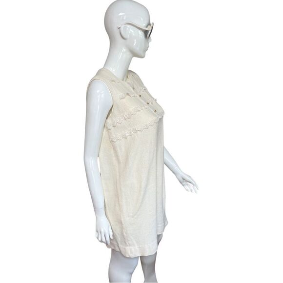 Dreamy 1960s Cream Tweed Scalloped Lace Embroidered Shift Mini Dress - Picture 4 of 7